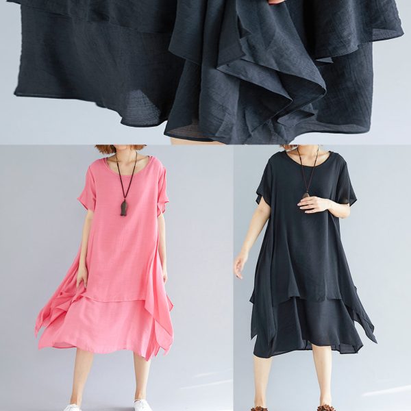 Beautiful o neck asymmetric linen clothes Organic Neckline pink oversized Dress Summer - Image 5