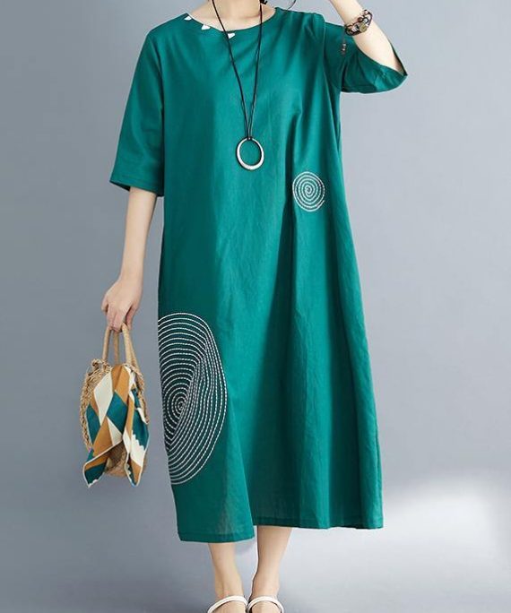 Beautiful o neck embroidery cotton dress plus size pattern green Dress Summer