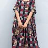 Beautiful o neck large hem linen quilting dresses To Get design red Plaid Art Dress summer