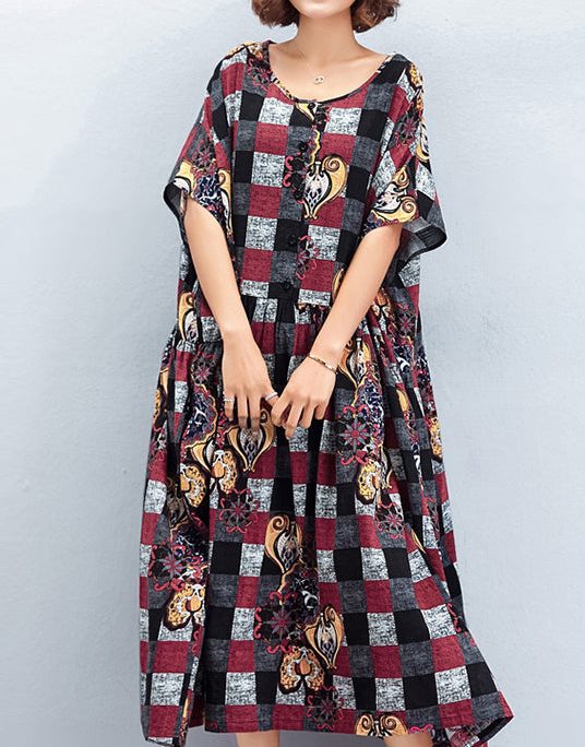 Beautiful o neck large hem linen quilting dresses To Get design red Plaid Art Dress summer