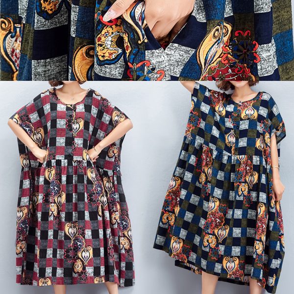 Beautiful o neck large hem linen quilting dresses To Get design red Plaid Art Dress summer - Image 4