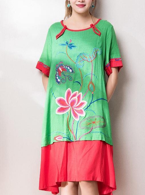 Beautiful o neck patchwork cotton linen quilting dresses Inspiration green embroidery Dress summer