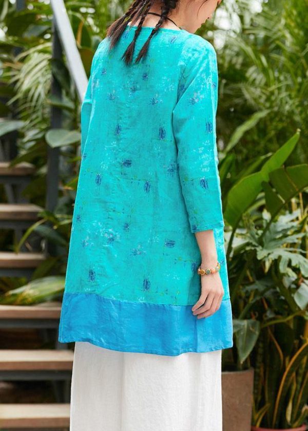 Beautiful o neck pockets linen Robes Outfits green print Dresses summer - Image 4