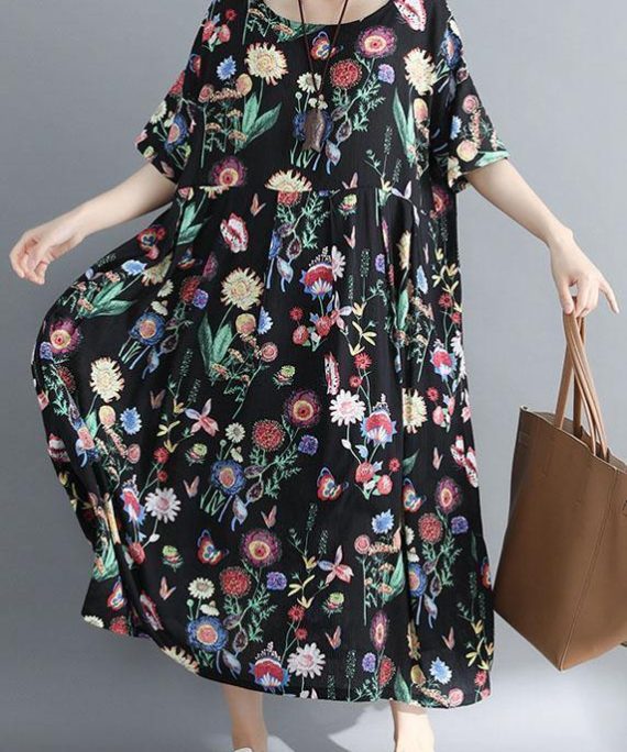 Beautiful o neck Cinched cotton outfit Work black print Traveling Dresses