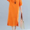 Beautiful orange cotton quilting clothes o neck side open A Line summer Dresses