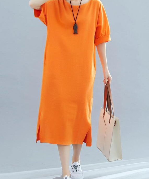 Beautiful orange cotton quilting clothes o neck side open A Line summer Dresses