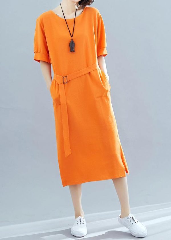 Beautiful orange cotton quilting clothes o neck side open A Line summer Dresses - Image 3