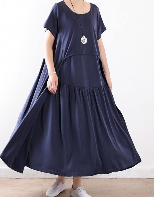 Beautiful patchwork Extra large hem silk clothes Fitted Neckline dull blue Maxi Dresses Summer