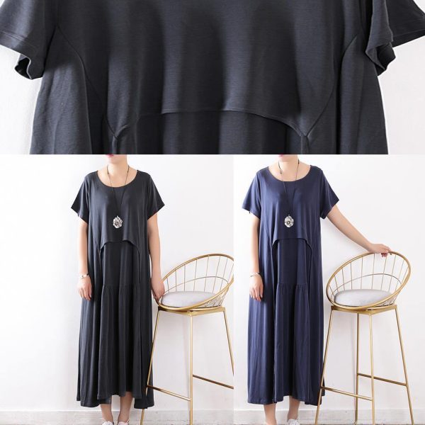 Beautiful patchwork Extra large hem silk clothes Fitted Neckline dull blue Maxi Dresses Summer - Image 5