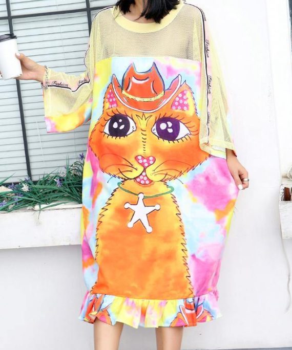 Beautiful patchwork short sleeve cotton Tunics Fashion Ideas Cartoon print long Dresses summer
