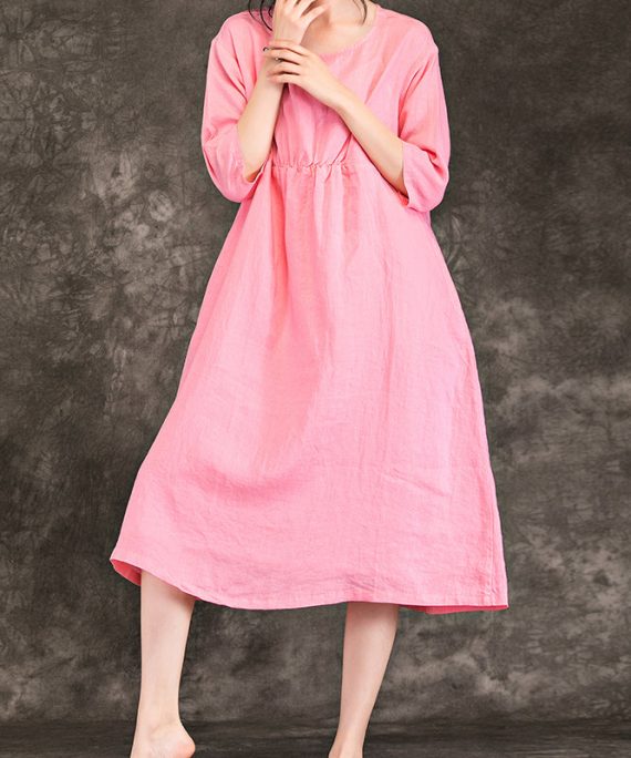 Beautiful pink linen clothes For Women fine Sewing o neck Cinched baggy Summer Dress