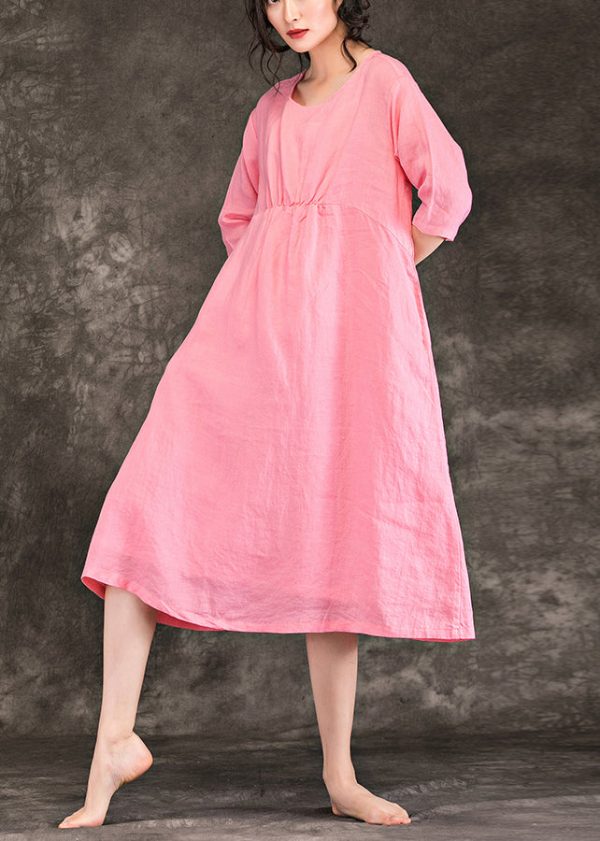 Beautiful pink linen clothes For Women fine Sewing o neck Cinched baggy Summer Dress - Image 2