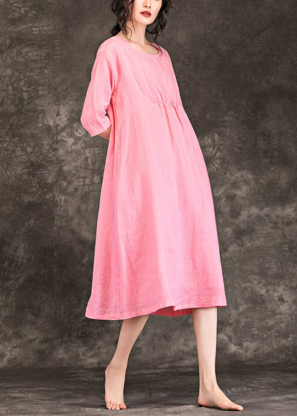 Beautiful pink linen clothes For Women fine Sewing o neck Cinched baggy Summer Dress - Image 3