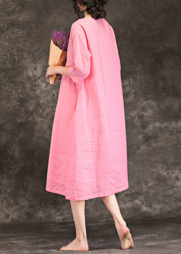 Beautiful pink linen clothes For Women fine Sewing o neck Cinched baggy Summer Dress - Image 4