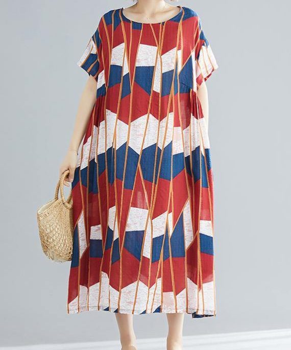 Beautiful red blue Plaid cotton quilting clothes Plus Size pattern o neck Kaftan Summer Dress