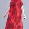 Beautiful red print cotton clothes striped o neck loose summer Dress