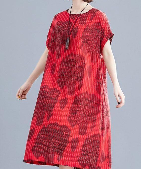 Beautiful red print cotton clothes striped o neck loose summer Dress