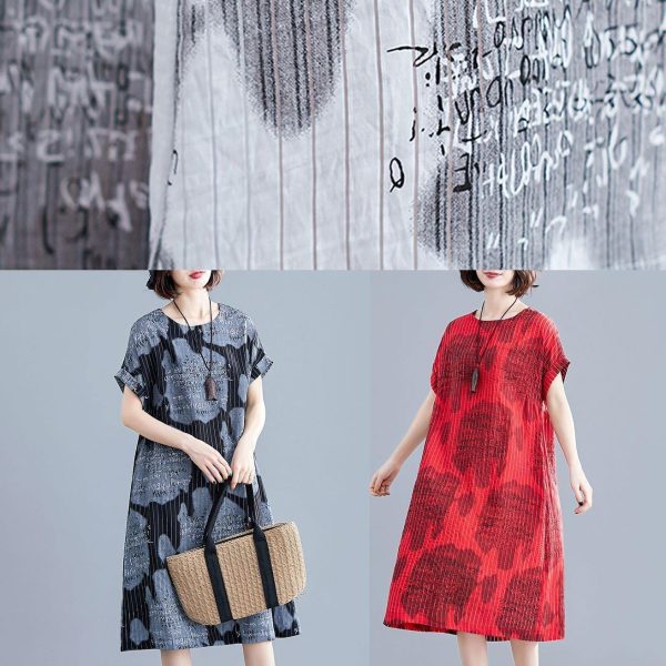 Beautiful red print cotton clothes striped o neck loose summer Dress - Image 5