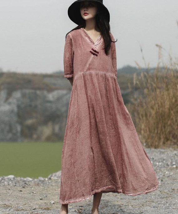 Beautiful red v neck linen dress half sleeve Maxi summer Dresses