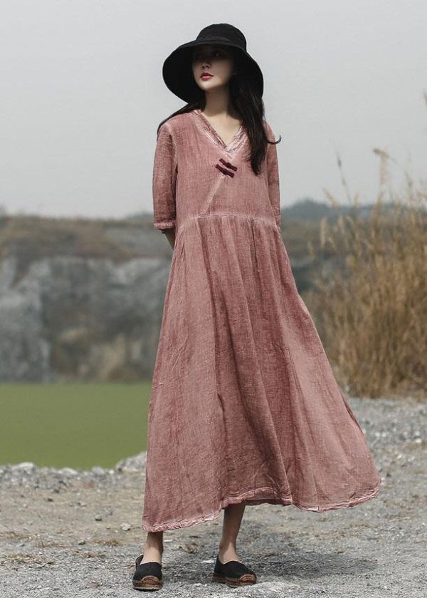 Beautiful red v neck linen dress half sleeve Maxi summer Dresses