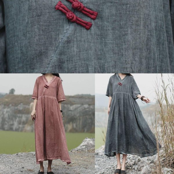 Beautiful red v neck linen dress half sleeve Maxi summer Dresses - Image 5