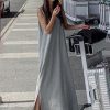 Beautiful sleeveless side open cotton summer Tunics gray Maxi Dress