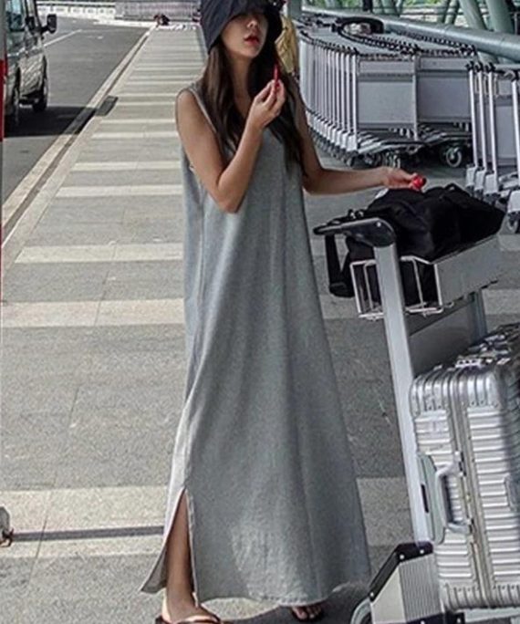 Beautiful sleeveless side open cotton summer Tunics gray Maxi Dress