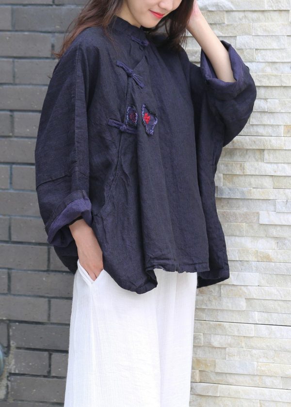 Beautiful stand collar Batwing Sleeve Tunic Cotton navy shirts - Image 4