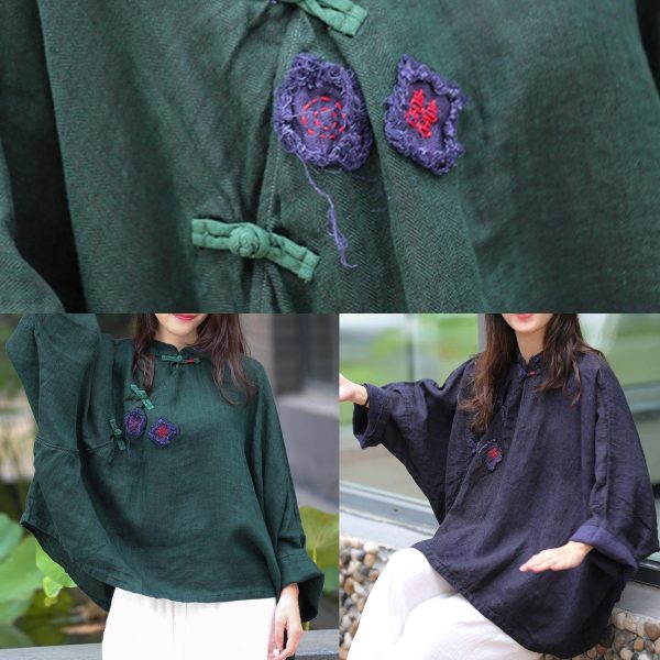 Beautiful stand collar Batwing Sleeve Tunic Cotton navy shirts - Image 5