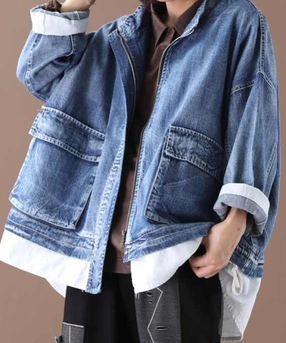 Beautiful stand collar zippered Fine crane coats denim blue Art women coats