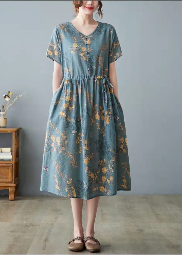 Beautiful Orange Pockets Print O Neck Dress - Image 2