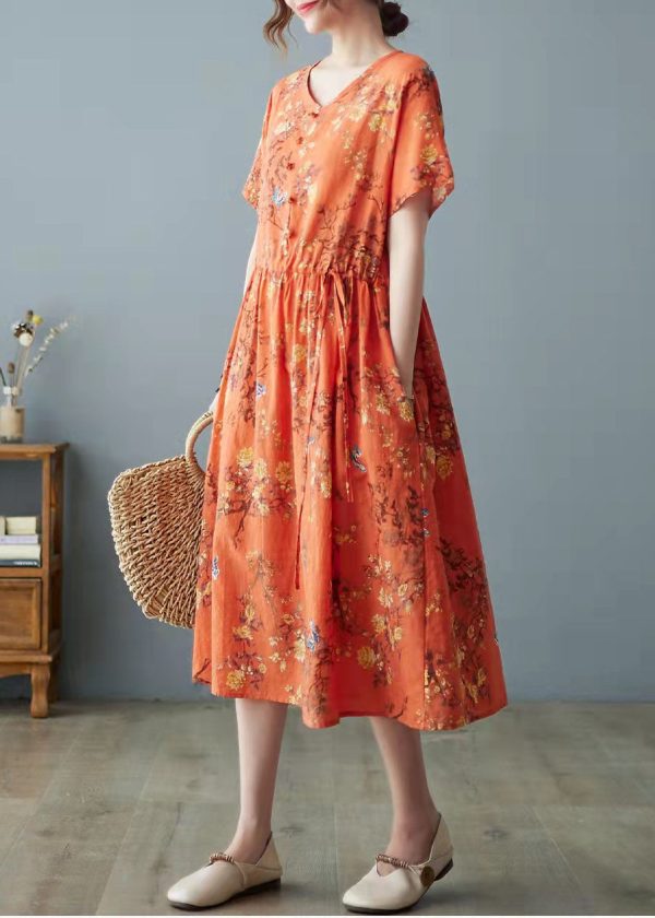 Beautiful Orange Pockets Print O Neck Dress - Image 4