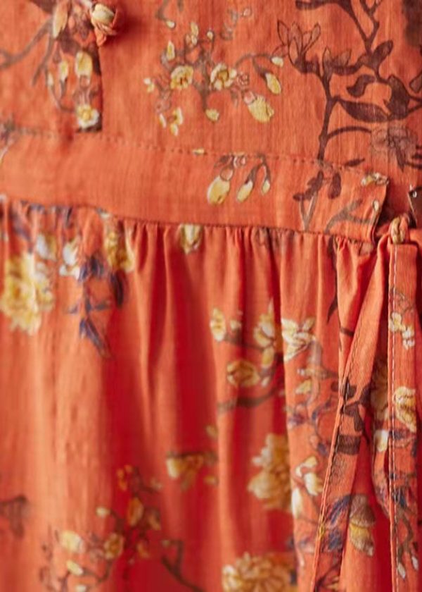 Beautiful Orange Pockets Print O Neck Dress - Image 5