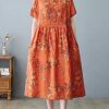 Beautiful Orange Pockets Print O Neck Dress