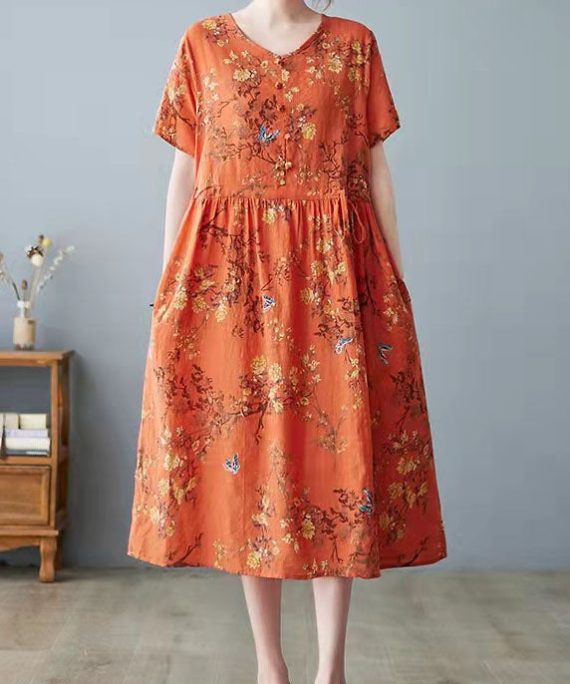 Beautiful Orange Pockets Print O Neck Dress