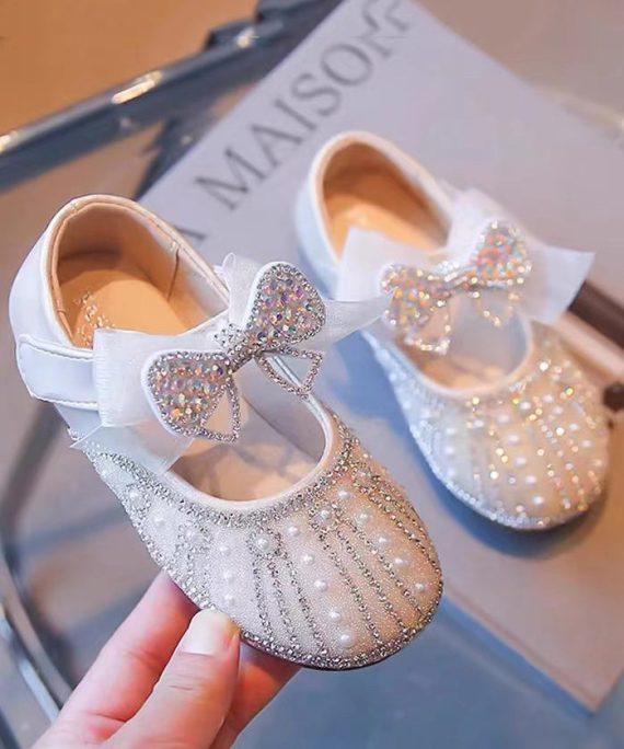 Beige Baby Girls Princess Shoes Bow Zircon Nail Bead