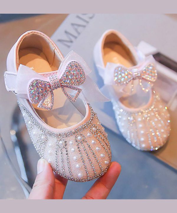 Beige Baby Girls Princess Shoes Bow Zircon Nail Bead - Image 2