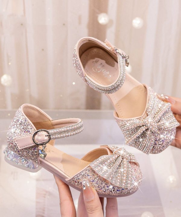 Beige Bow Zircon Fashion Buckle Strap Kids Girls Princess Shoes - Image 2