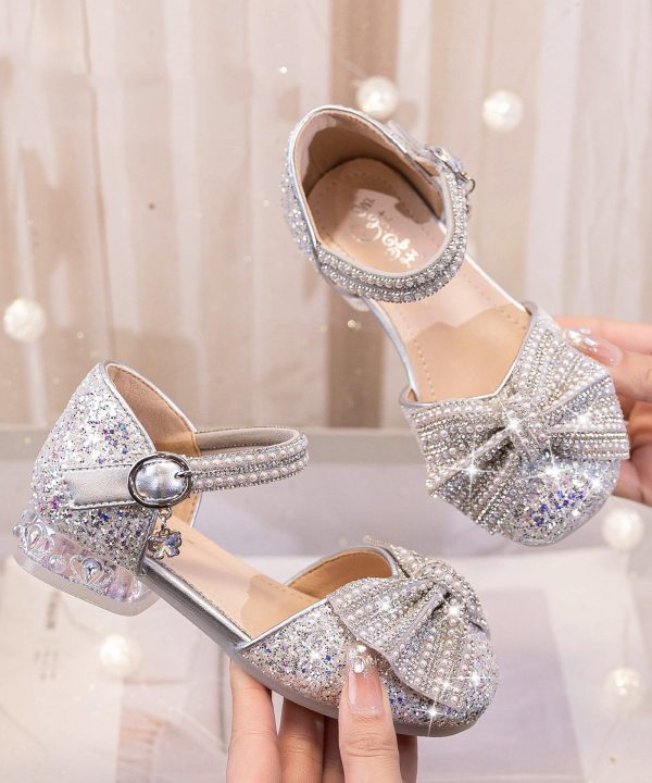 Beige Bow Zircon Fashion Buckle Strap Kids Girls Princess Shoes - Image 3