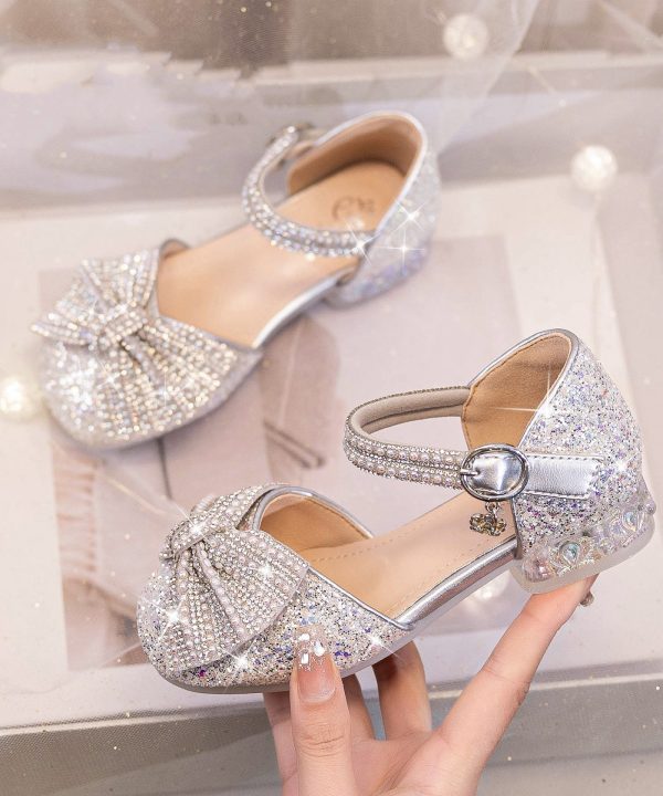 Beige Bow Zircon Fashion Buckle Strap Kids Girls Princess Shoes - Image 4