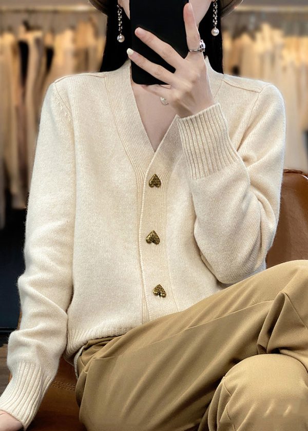 Beige Button Solid Knit Coats V Neck Spring - Image 2