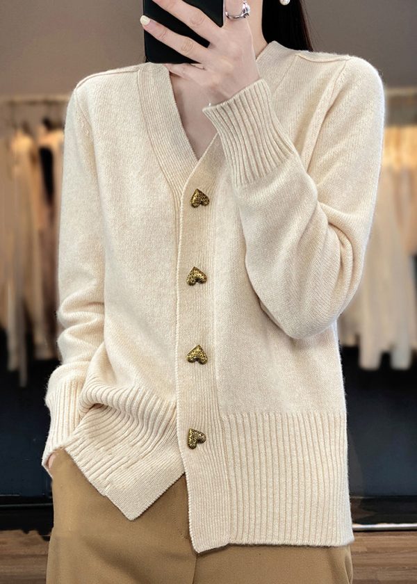 Beige Button Solid Knit Coats V Neck Spring - Image 3