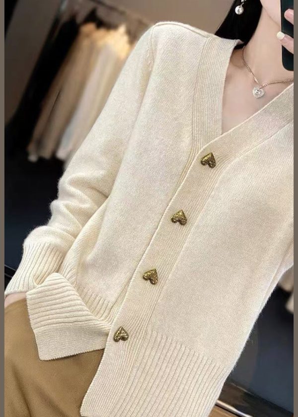 Beige Button Solid Knit Coats V Neck Spring - Image 4