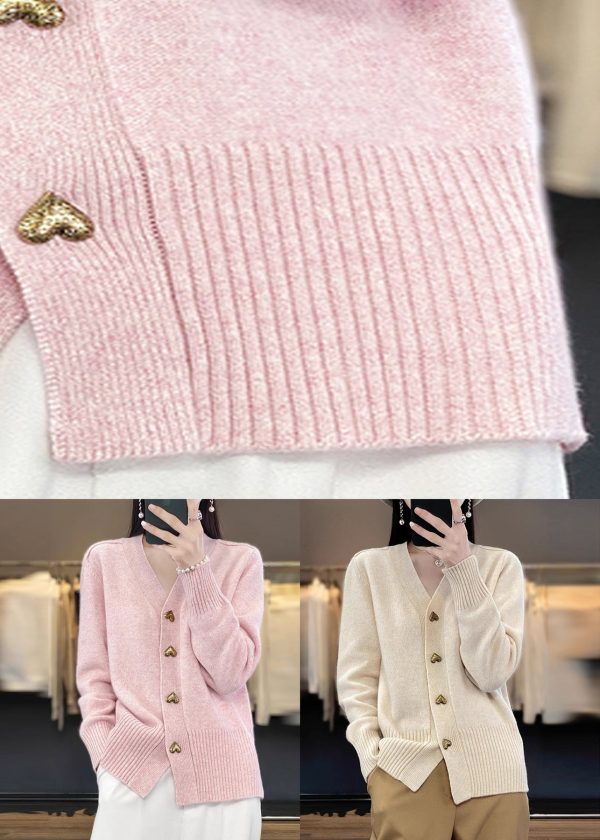 Beige Button Solid Knit Coats V Neck Spring - Image 5