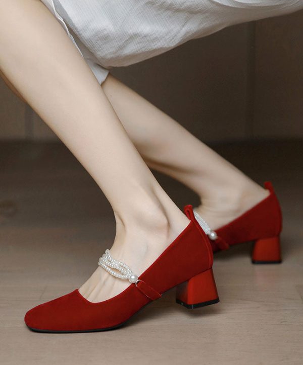 Beige Classy Beading Chunky Heel Satin Square Toe - Image 2