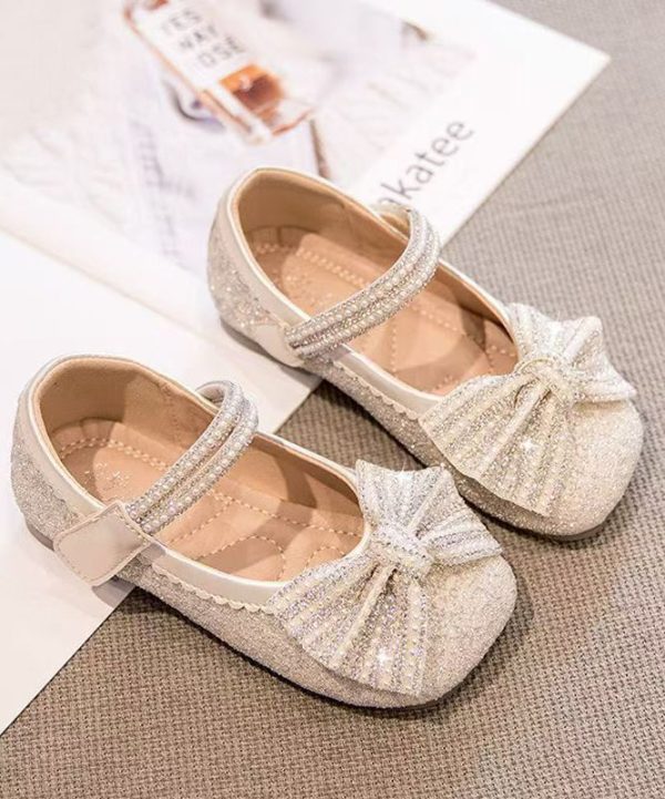 Beige Fine Bow Nail Bead Buckle Strap Kids Girls Princess Shoes - Image 3