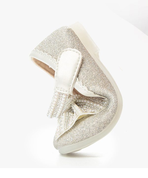 Beige Fine Bow Nail Bead Buckle Strap Kids Girls Princess Shoes - Image 5