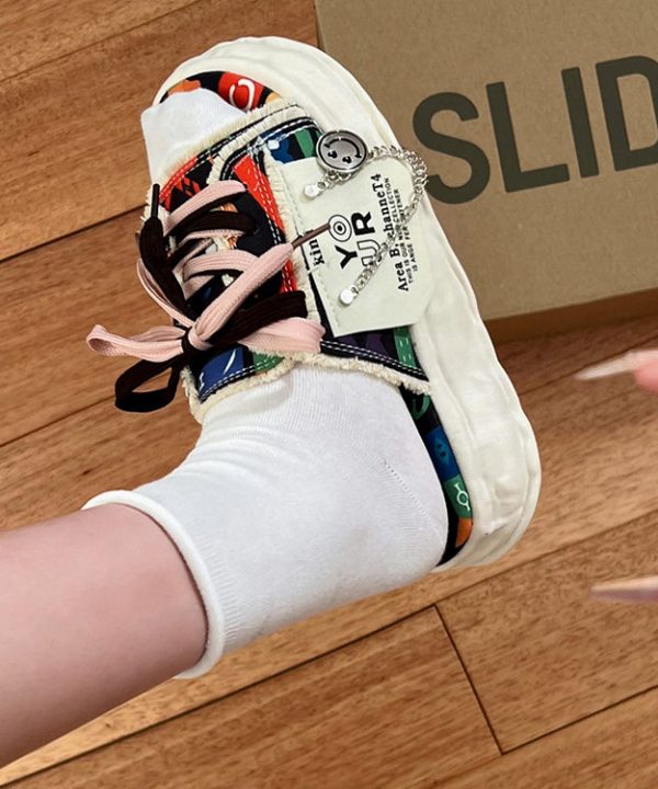 Beige Platform Lace Up Splicing Canvas Slide Sandals - Image 4