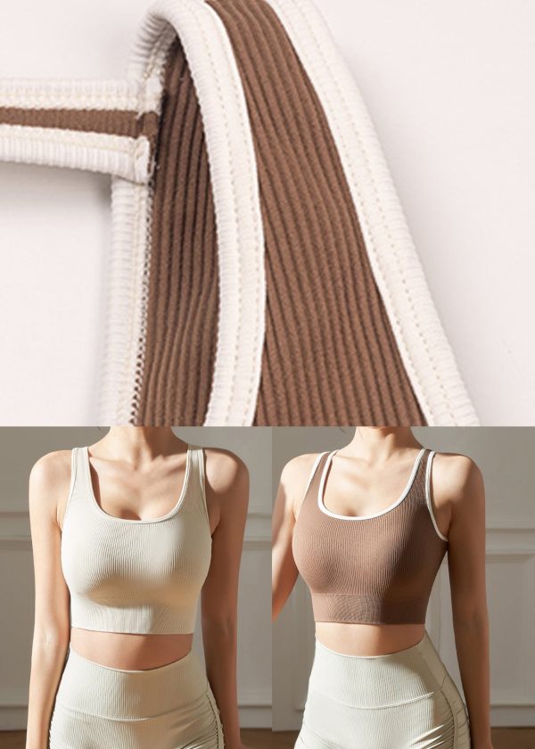 Beige U Neck Backless Solid Sports Bra - Image 5