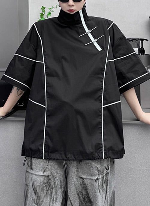 Black Drawstring Original Design Cotton Men T Shirts Zip Up Summer